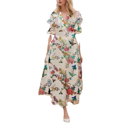 China New Fashion Anti-static Slim Fit Short Sleeve Big Swing V-Neck Shirt Long Skirt Big Swing Slim Fit Chiffon Print Beach Dress for sale