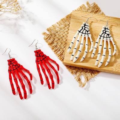 China 2021 FASHIONABLE Hot Selling Amazon Alloy Halloween Jewelry Hand Skull Acrylic Bat Dangle Earrings for sale