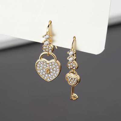 China New FASHIONABLE Exquisite Zircon Gold Plated Asymmetrical Ear Cuff Climbers Heart Lock Key Earrings for sale