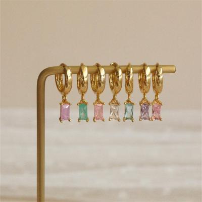 China FASHIONABLE Minimalist Tasty Gold Plated Colorful CZ Stone Charm Dangle Huggie Circle Earrings for sale