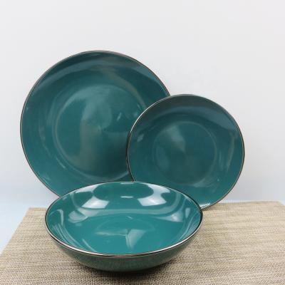 China A Large Sustainable Selection Colored Glazed With Line Gold Dinnerware Set Stoneware 12pcs 18pcs Dish Bowl Classic Round Shape for sale