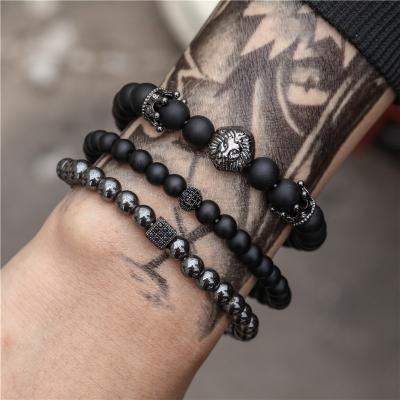 China Fashion 3PCS Vintage Punk Black Frosted Zircon Beaded Crown Diamond Ball Dice Lion Head Stone Bead Bracelet Set for sale