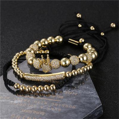 China Gold Punk Brass Bead Braided Micro Zircon Diamond Ball Crown 3PCS Diamond Bracelet Set For Men for sale