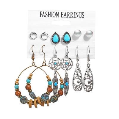 China YUJIN 2022 FASHIONABLE Mixed Design Retro Cavity 6 Pairs Set of Moon Star Leaf Sun Turquoise Earrings Set for sale