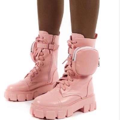 China Drop Shipping Breathable Women Pocket Boot Lace Up Black Female Chunky Sole Pouch Buckle Strap Ladies Ankle Boots for sale