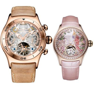 China Waterproof Reef Tiger Aurora Air Bubble Rose Gold Skeleton Dial Men's Watch and Aurora Parrot Rose Gold Diamonds Women's Watch Set for sale