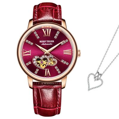 China Waterproof Reef Tiger Luxury Rose Gold Red Automatic Fashion Women And Fashionable Love Heart Necklace Set for sale