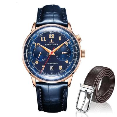 China Tiger Respect Limited Edition Bule Waterproof Dial Reef Rose Gold Case Leather Strap Automatic Watch and Leather Belt Set for sale