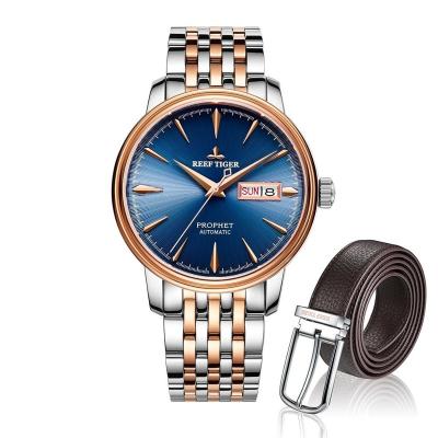 China Waterproof Reef Tiger Classic Prophet Blue Dial Two Tone Case Mens Automatic Watch and Leather Belt Set for sale