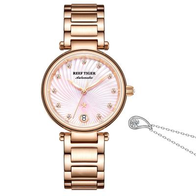 China Automatic Date Reef Tiger Love Polaris Rose Gold Dial Pink Diamonds Women Watch And Elegant Water Drop Pendant Necklace Set for sale