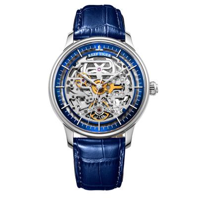 China Water Resistant Right Reef Tiger Automatic Watches For Men Yellow Gold Skeleton Stainless Steel Case Leather Strap Waterproof RGA1975 Blue Watch for sale