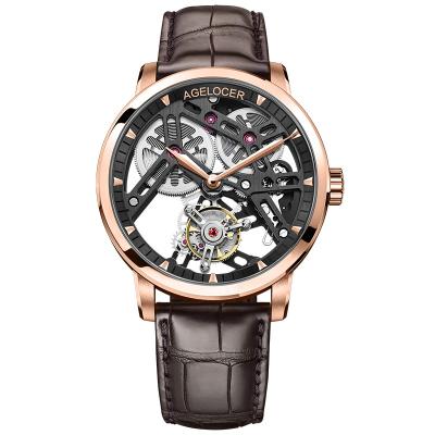 China Luxury Skeleton Sapphire Leather Strap Watch Top Brand Tourbillon Watch Men Power Reserve 80 Brand Water Resistant AGELOCER for sale