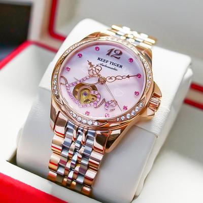 China Reef Tiger Top Brand Luxury Flower Diamond Women Rose Gold Bracelet Automatic Relogio Feminino Water Resistant RGA1583 for sale