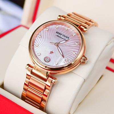 China Automatic Reef Tiger Brand Luxury Rose Gold Date Women Watch Diamond Polaris Dial Automatic Bracelet Watches New mujer RGA1590 de reloj for sale