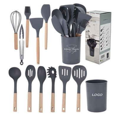 China ANY Color Cooking Tools 12-Piece Silicone Kitchen Accessories with Wooden Handles for sale