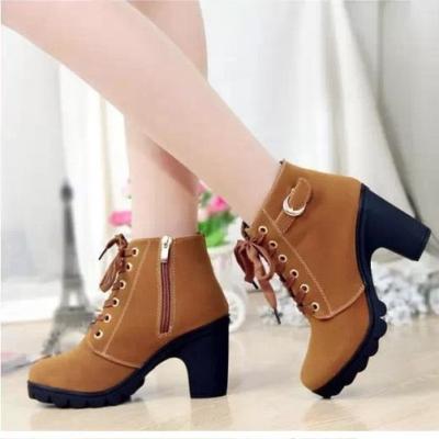 China Wholesale Custom Made Round Martin Boots Women Shoes Chunky Ankle Block High Heel Women Booties for sale