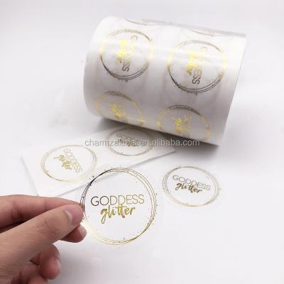 China Waterproof Self Adhesive Round Logo Stickers Print Custom Hot Transparent Gold Foil Clear Label Roll for sale