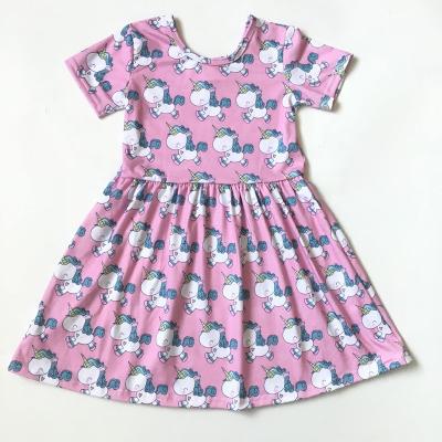 China Dropshipping MOQ 1 boutique children's clothing breathable unicorn printing lovely pink short sleeve baby dress for sale