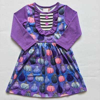 China Breathable Girls Fall Halloween Holiday Pumpkin Boutique Dress Long Sleeves Ruffle Design Kids Dress for sale