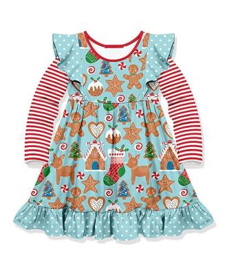 China New Design Breathable Cotton Long Sleeve Ruffle Cookies Christmas Dresses For Babies for sale