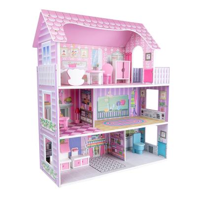 China New Fashion Girls Toys Doll House Pink Villa Eco-friendly Material Dollhouse For Girls Wooden Doll Room For Children's Day Christmas Gifts for sale