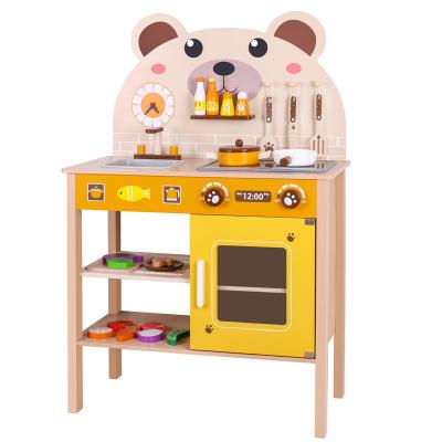 China 2022 Eco-friendly Materials Wooden Pretend Play Kids Toys Kitchen Cooking Wooden Play Bear Small Kitchen Toy Set For Children for sale