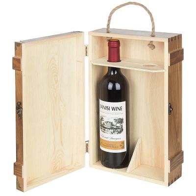 China Handmade Two Bottles Pack Rustic Wooden Wine Box Torched Wooden Box For Wine for sale