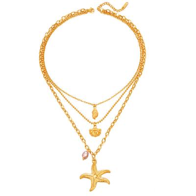 China Hot Selling FASHIONABLE Gold Plated Delicate Stainless Steel Shell Necklace Women Starfish Choker Multilayer Fashion Choker Necklace for sale