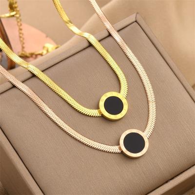 China Newest Roman Number Necklace Titanium Steel Gold Plated TRENDY Round Roman Number Flat Snake Chain Necklace for sale