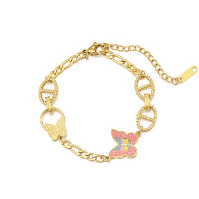 China FASHIONABLE New Arrival 18K Gold Plated Butterfly Bracelet Oil Drop Stainless Steel Butterfly Bracelet Women Pink Girls for sale