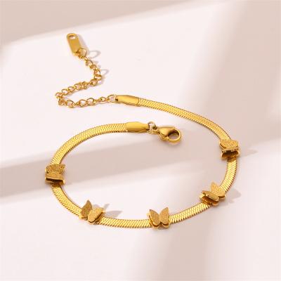 China New Arrival TRENDY Stainless Steel Butterfly Bracelet Gold Plated Butterfly Adjustable Snake Fishbone Chain Bracelet for sale