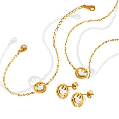 China Vintage Minimalist Hollow Smiley Earring Bracelet Necklace Set Fashion Delicate Stainless Steel Smiley Women Jewelry Set for sale