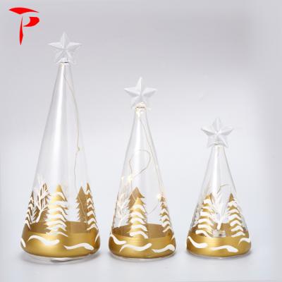 China Christmas Tree Decoration Light Gold Printed Mini Glass Christmas Tree Ornaments With LED Light for sale