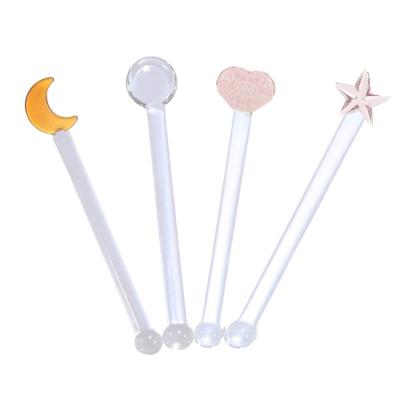 China Glass blowing beautiful handmade pink heart,star,moon,flower shape drink stir cocktail sticks decorative frozen glass cocktail bar stirrer for sale