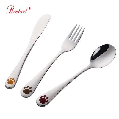 China Lovely Sustainable Stainless Steel Kids Fork Spoon Knife Set Cutlery With Footprint for sale