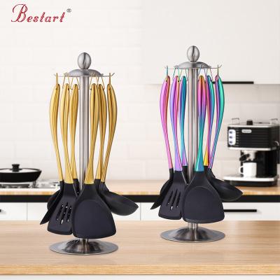 China Sustainable Wholesale Cookware Gold Stainless Steel Silicone Kitchen Utensils Set With Rack for sale