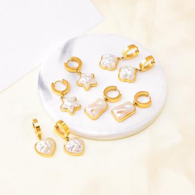 China Waterproof Fashion Shaped Baroque Pearls Irregular Gold Plated Heart Pentagram Square Stainless Steel Pendant Earrings for sale