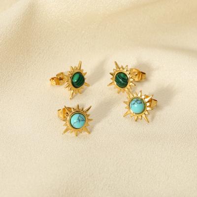 China Vintage Waterproof Stainless Steel Small Sunflower 18k Free Gold Plated Colorful Turquoise Gemstone Stud Earrings For Women for sale