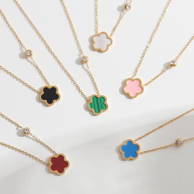 China FASHIONABLE Gold Plated Shell Five-Leaf Flower Necklace Petal Zircon Clavicle Chain Stainless Steel Clover Pendant Necklace For Women for sale