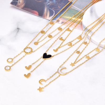 China Waterproof Heart Pendant Star Moon Necklace Round Clavicle Chain Stacked 18K Gold Plated Stainless Steel Butterfly Necklace for Women for sale