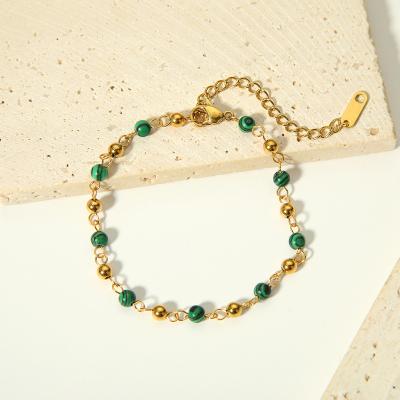 China TRENDY Green Malachite Charm Stainless Steel 18K Gold Tarnish Free Jewelry Small Round Beads Chain Bracelet for Women for sale