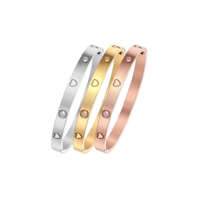 China Anniversary Engagement Gift Party Wedding Gold Plated Wholesale Accessories Crystal Stainless Steel Bangle Fashion Jewelry Heart Bracelet For Women for sale