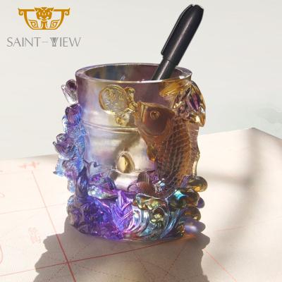 China China Liuli Crystal Glass Fish Lotus Office Feng Shui Decorative Pen Holder for sale