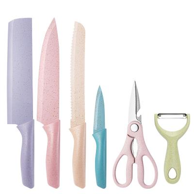 China Non Stick 6PCS Blade Disposable Colorful Kitchen Knives With Wheat Straw Handle Gift Box Kitchen Knife Set for sale