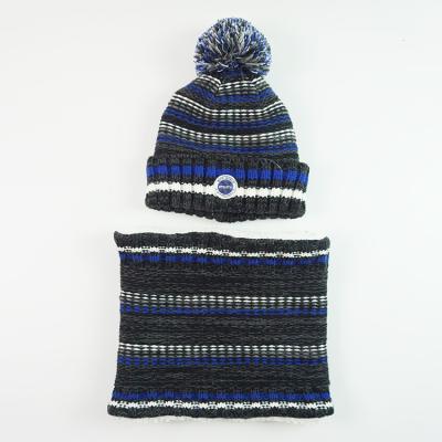 China Wholesale Short Boys Pom Pom Cap Stripe Knitted Snood Kids Acrylic Winter Hat And Scarf for sale