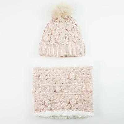 China Kids Short Winter Acrylic Pink Girls Cable Knitted Snood Baby Hat Scarf Set With Faux Fur Lining for sale