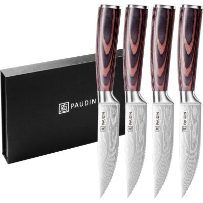 China Sustainable Paudin Handle Wood Steak Knife Set Ultra Sharp 4 Serrated Steak Knife Set With Pakkawood Handle for sale