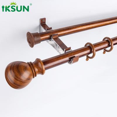 China Eco - Friendly Aluminum Curtain Rod Double Set Wood Grain Curtain Poles Finials Accessories for sale