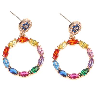 China Delicate Cute Multi Color Zircon Dangle Simple Circle Earring Real Rose Gold Plated Fashion Jewelry For Girl Women Gift for sale