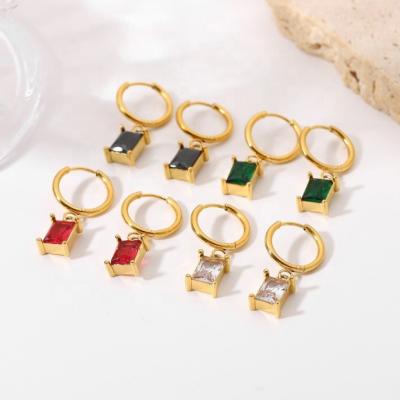 China CLASSIQUE Vintage French 18K Gold Plated Mini Rectangle Colorful Zircon Hoop Earrings Jewelry Huggie Earrings for sale